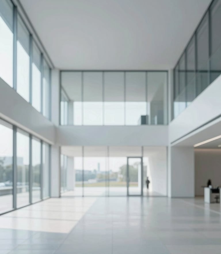 A wide, minimalist shot of a modern architectural space with glass and steel, symbolizing transparency and structural integrity. Bright, natural lighting. Palette features #F8F8F8 and #D4DCE4 with subtle #1A3E6F shadows.