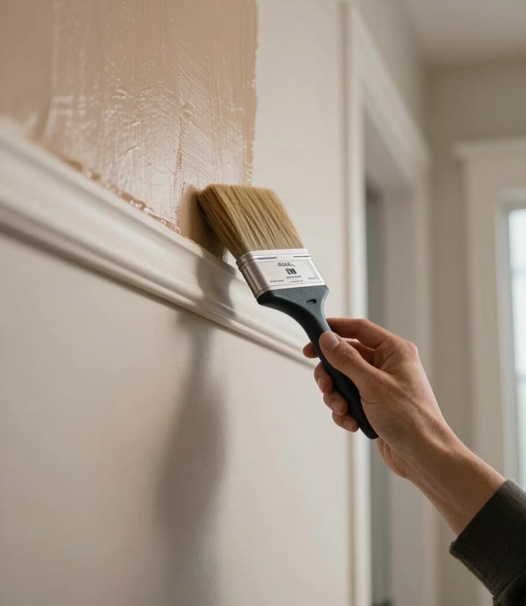 Photography of a professional's hand using a brush on a wall edge with tan paint, crisp off-white trim, sharp focus, modern North American residential interior.