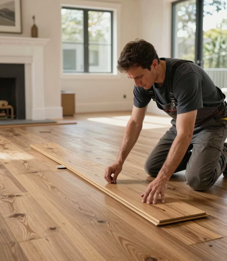 A professional installer carefully laying down wide-plank wood flooring in a bright, modern San Fernando Valley home with North American architectural details, warm natural light.