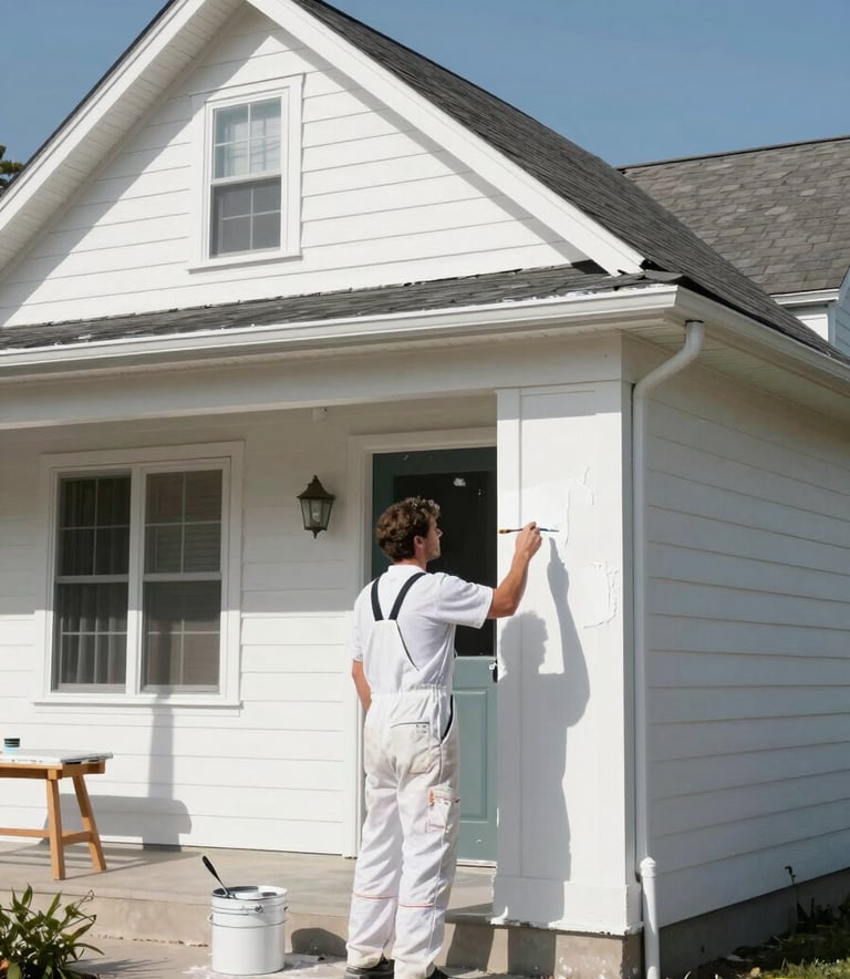 A wide-angle professional photograph of a painter carefully applying fresh white paint to the exterior of a traditional North American suburban house. The scene is bright and sunny, highlighting the clean lines and meticulous finish of the work. The professional wears clean white overalls.