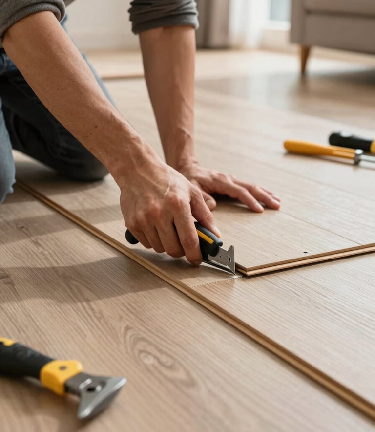A close-up photograph of a skilled craftsman installing new light-colored wood flooring in a modern North American living room. The focus is on the precision of the fit and the professional tools nearby. The lighting is bright and natural, reflecting a clean and efficient workspace.