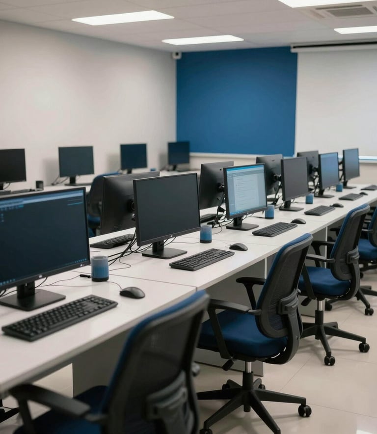 A wide shot of a modern computer lab in Brazil, filled with workstations and ergonomic chairs. The room is organized and professional, with Muted Blue and Dark Blue color accents. The lighting is bright and clean, emphasizing a modern learning environment.