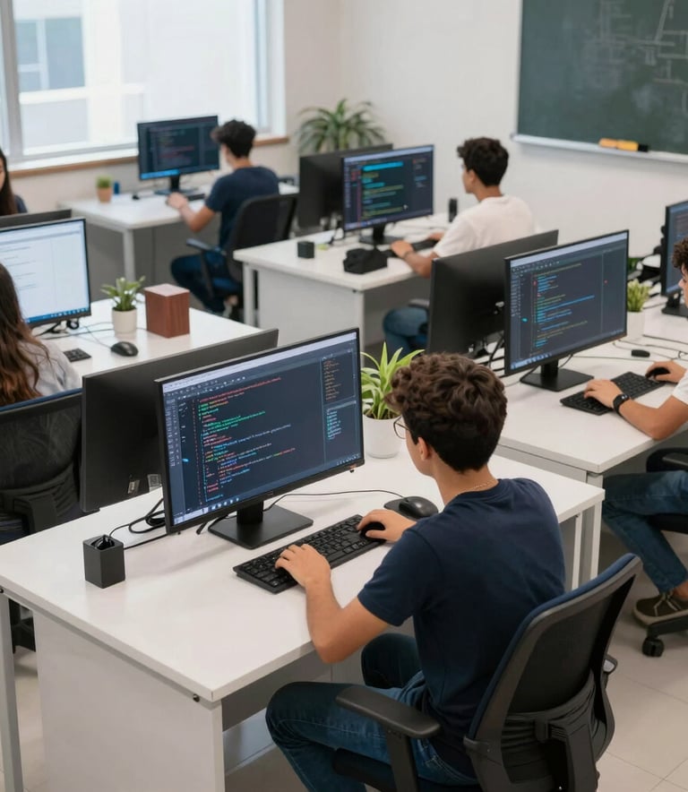A high-angle shot of a modern IT classroom in Brazil. Students are focused on large monitors displaying code and design software. The room is bright with natural light, featuring clean white desks and ergonomic chairs. The atmosphere is professional and collaborative, with accents of steel blue and light grey in the decor.