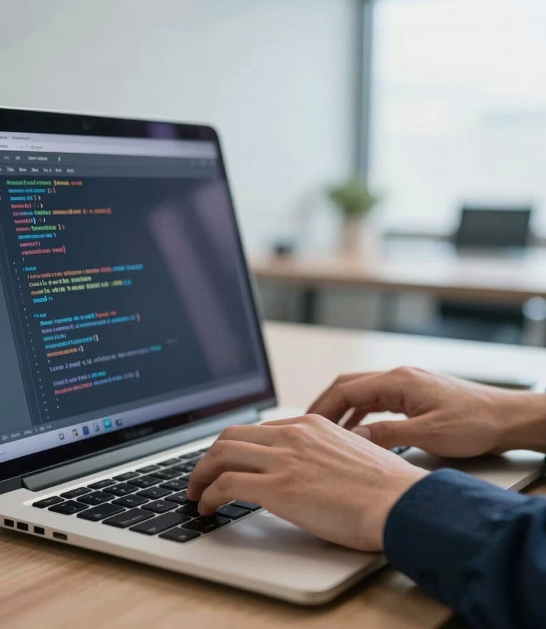 A professional South American / Brazilian software developer working in a bright, modern office. Close-up on hands typing on a laptop keyboard, with a blurred screen showing lines of code. Lighting is natural and soft, accentuating Steel Blue and Deep Navy tones from the office environment. High-quality commercial photography style.