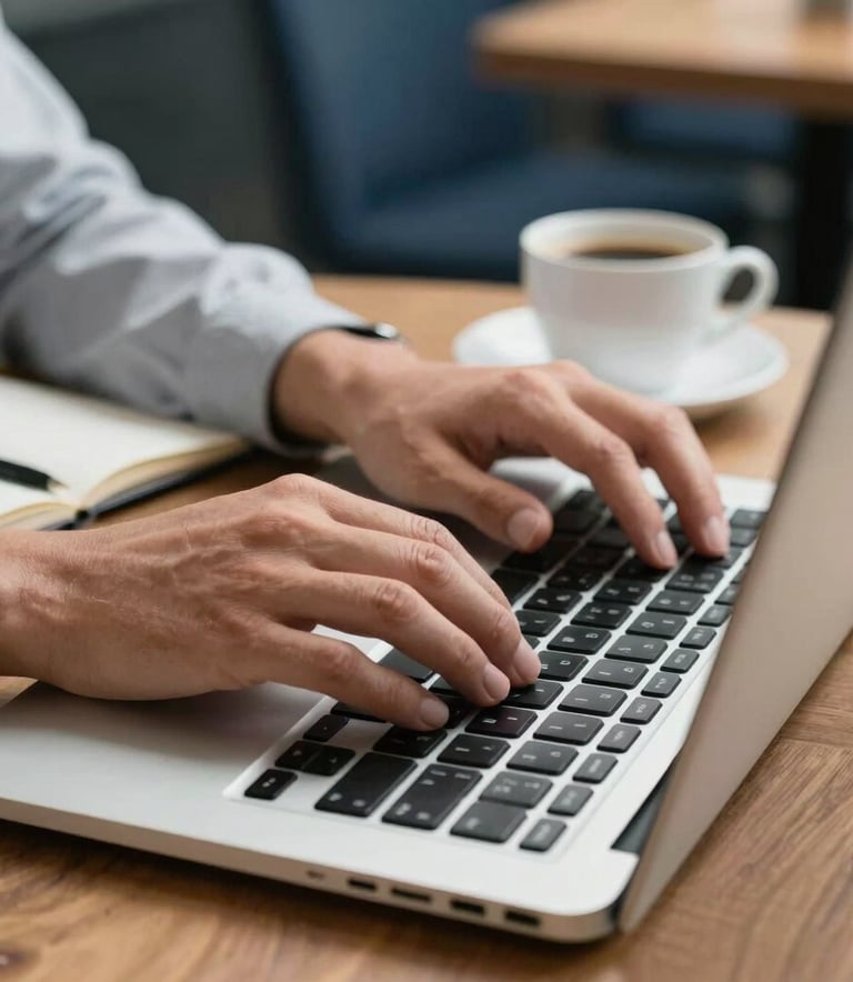 Close-up of a person's hands efficiently working on a sleek laptop keyboard in a modern Brazilian workspace. A clean notebook and a cup of coffee sit nearby on a wooden desk. Soft bokeh background with light grey and deep navy tones, emphasizing a focused and professional learning environment.