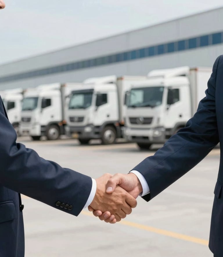 A professional handshake between two logistics partners in front of a modern South American transport facility, soft focus on a background of logistics trucks, daylight with pale blue and navy tones.