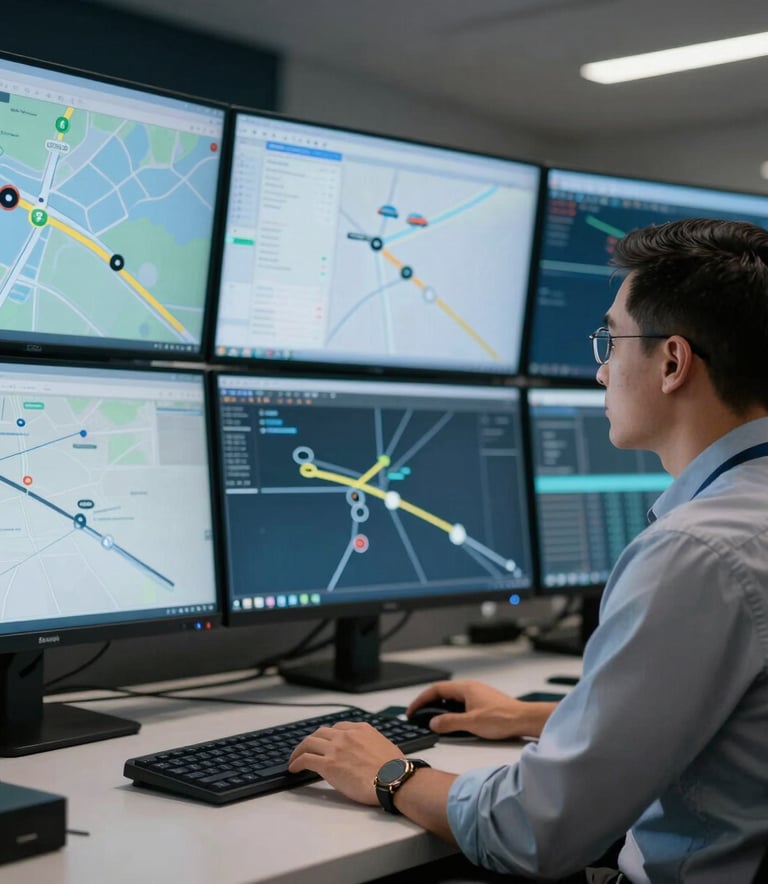 A South American logistics coordinator in a modern control center, monitoring multiple screens with transport routes, cool lighting with navy and pale blue highlights.