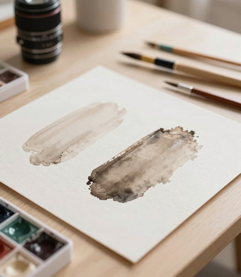 Close up of watercolor paints, brushes and textures on a soft wooden table in a brightly lit French studio, artistic and peaceful setting, cream and taupe tones.