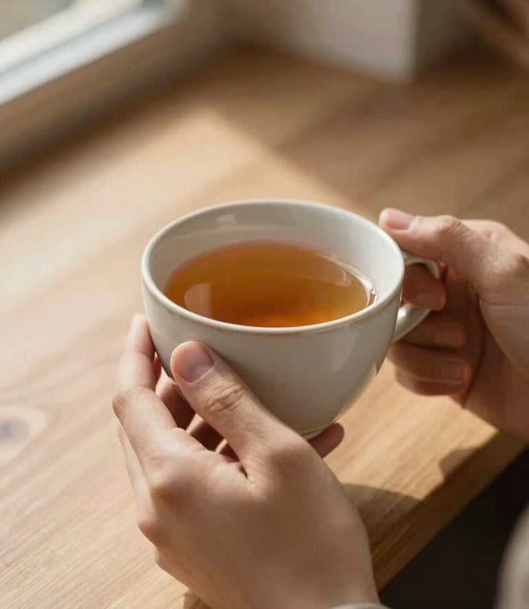 Close up of a person's hands holding a warm ceramic cup of tea in a sunlit interior in France, soft textures, calming atmosphere with natural lighting.