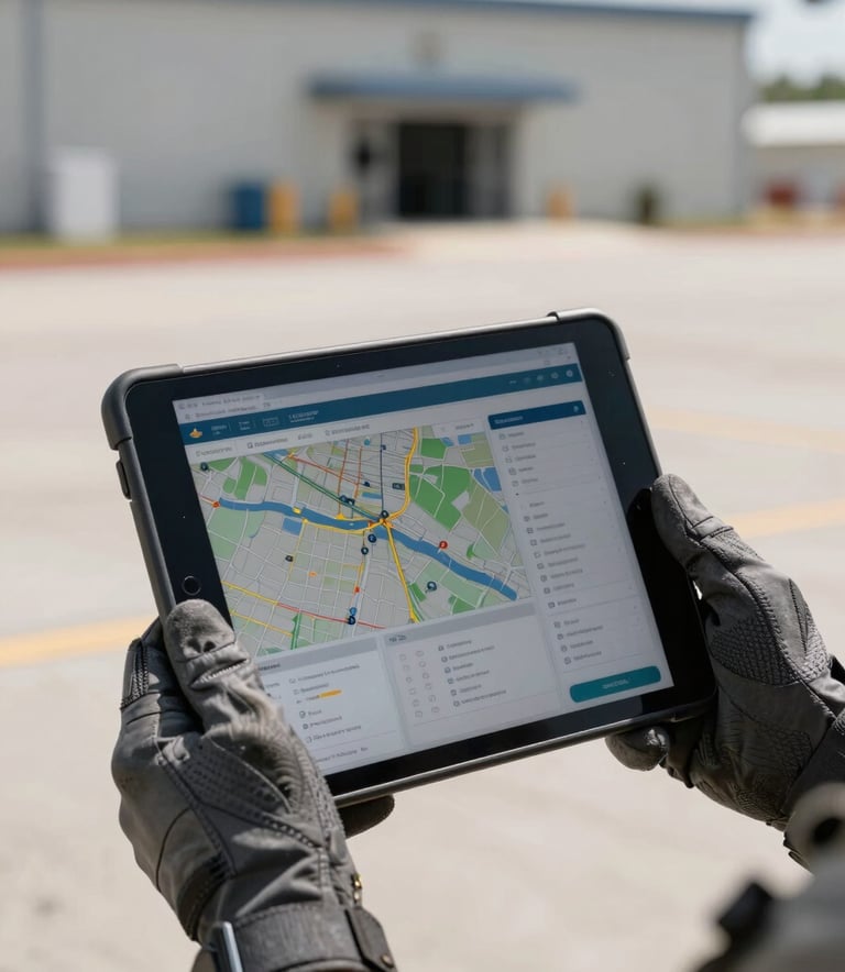 A detailed, faceless photography shot of professional hands in Charcoal Gray tactical gloves holding a rugged tablet, displaying a site map and logistics data at a North American government facility under bright daylight.
