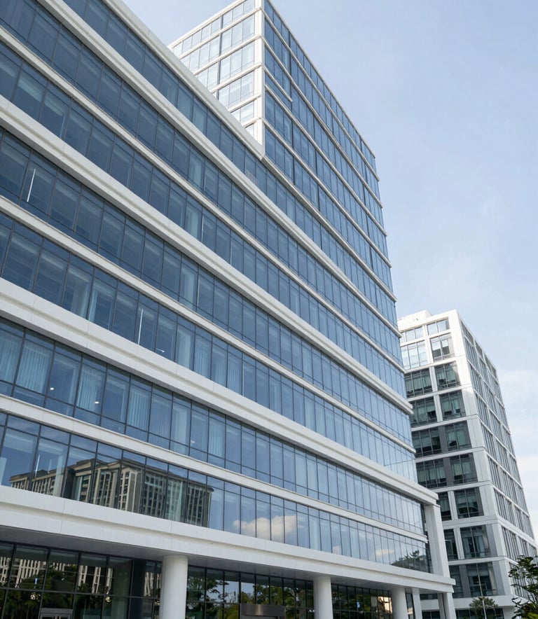 A high-resolution, wide-angle faceless architectural shot of a modern North American medical campus with glass facades and clean Crisp White lines, reflecting a high-authority government facility aesthetic under a clear sky.