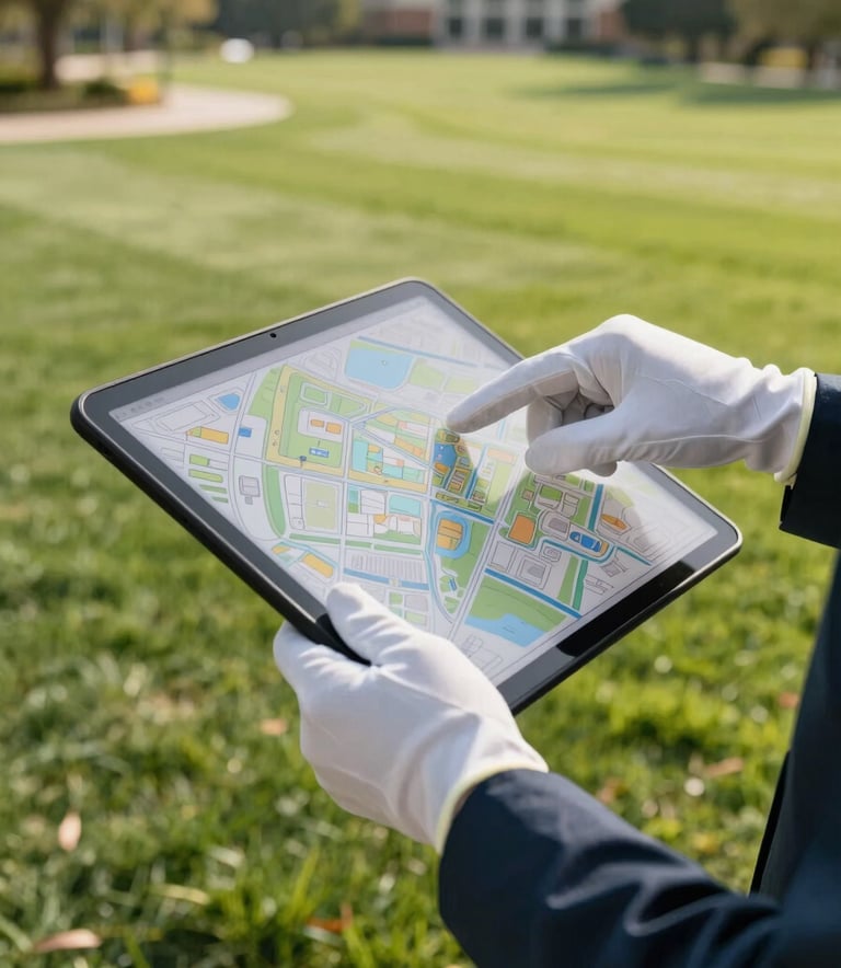 A faceless close-up of professional gloved hands reviewing a detailed site map or tablet over a manicured facility lawn, North American landscape, sharp focus, morning sunlight.