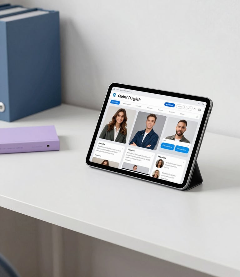 A bright and airy studio space featuring a clean desk with a tablet displaying social media analytics, indigo and soft lavender accents, Global / English-speaking audience.