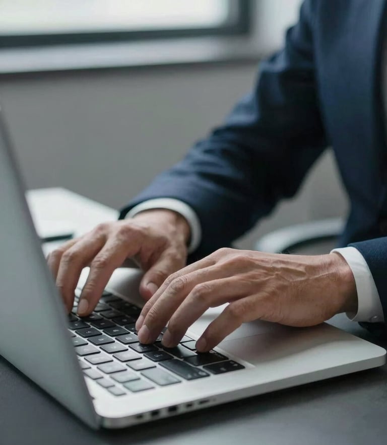 A close-up photograph of a professional's hands working on a modern laptop in a minimalist office setting, soft morning light, soft blue and dark navy tones, Global / English-speaking audience.