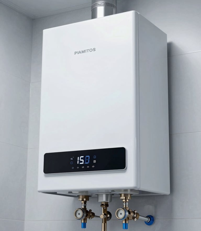 A close-up photograph of a modern, sleek white boiler unit installed professionally on a wall. The lighting is bright and clean, emphasizing a high-tech and reliable appliance. The surrounding walls are a soft ice white, and small steel blue details are visible on the piping.