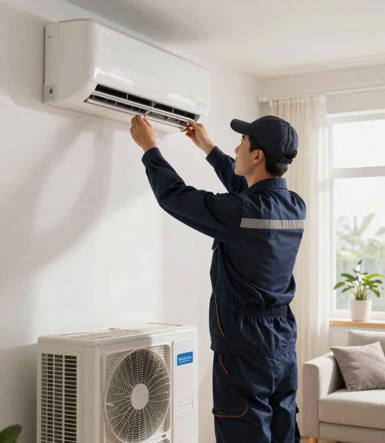 A professional HVAC technician in a dark navy blue uniform installing a modern air conditioning split unit in a bright residential living room. The scene is clean and modern, with soft natural light coming from a nearby window.