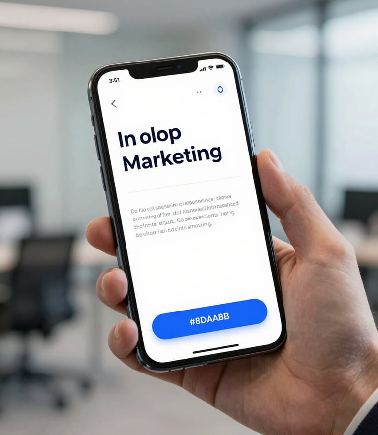 A close-up of a high-resolution smartphone screen displaying a sophisticated, minimalist in-app marketing notification with clean UI elements. The hand holding the phone belongs to a professional in a sharp suit. The background is a soft-focus modern office. Colors include #3A6B8F and #8DAABF, emphasizing a cutting-edge and results-driven atmosphere.