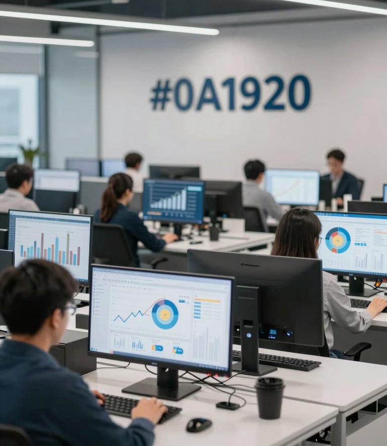 A wide shot of a modern, high-tech marketing operations center. Professional analysts are working at sleek desks with large monitors displaying growth metrics, heatmaps, and data visualizations. The lighting is sophisticated and bright, using a palette of #0A192A and #F1F4F9 to project trust and efficiency.