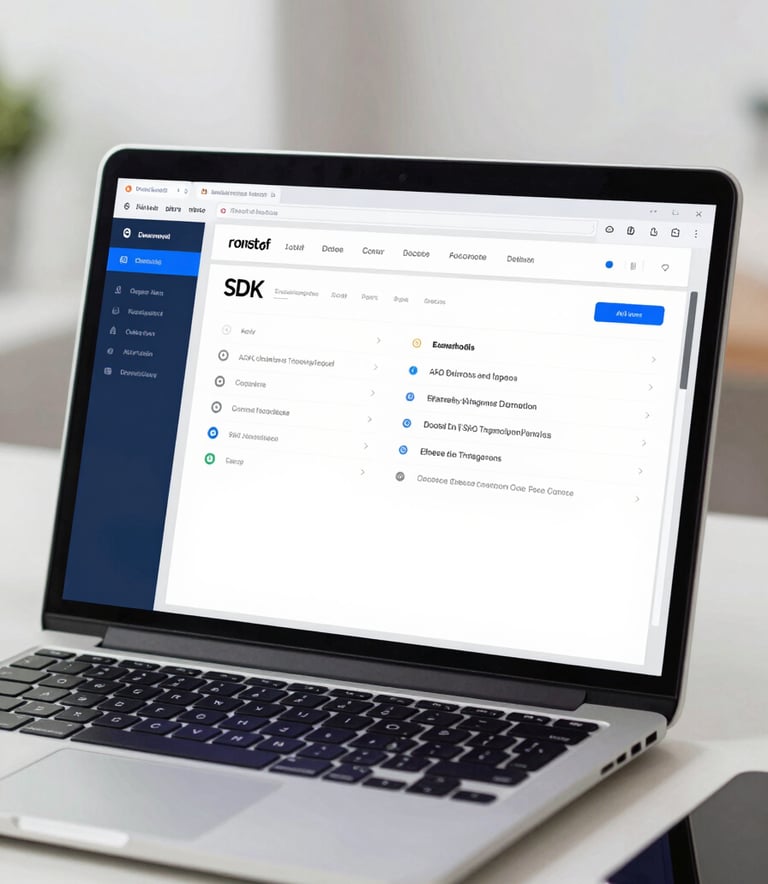 A modern workspace showing a laptop screen with a complex but clean SDK integration interface, emphasizing ease of use and professional efficiency, with #3A6B8F blue tones.
