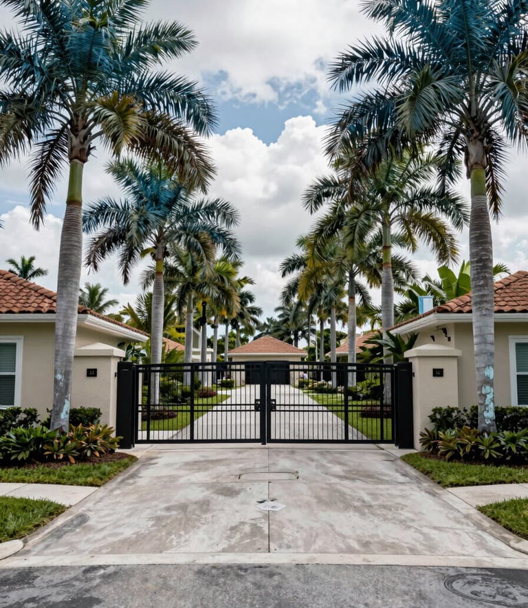 A high-quality photograph of a gated residential community entrance in Florida. Mature palm trees in deep teal pine tones line the drive. The image conveys a sense of safety and professional management.