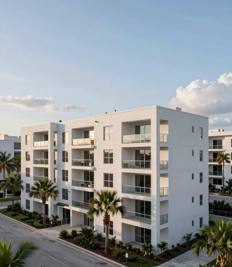 A professional wide-angle photograph of a modern Florida multifamily residential complex under a soft sky blue sky. The architecture is clean and contemporary in cool off-white, surrounded by well-maintained tropical landscaping and palm trees.