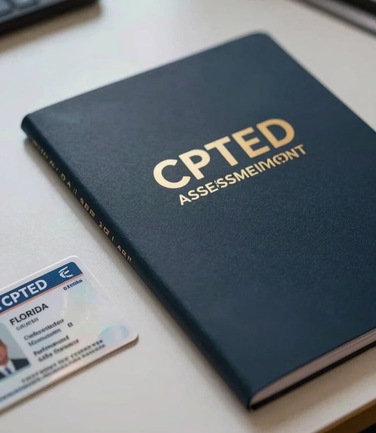 A close-up photograph of an official CPTED assessment report folder on a polished desk, with a Florida contractor's license card resting nearby. Lighting is professional and direct, with a color palette of dark charcoal navy and clean arctic white.