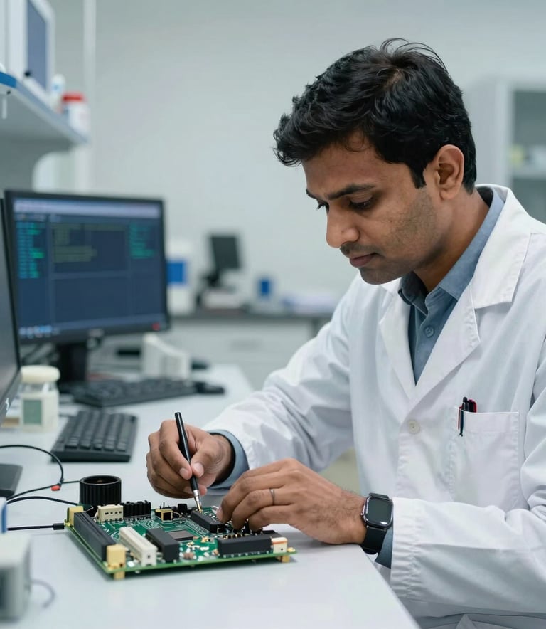 A professional IT specialist in a clean, modern lab setting in India, focusing on a complex circuit board. The lighting is bright white with slate grey and deep blue equipment in the background, conveying expertise and trust.
