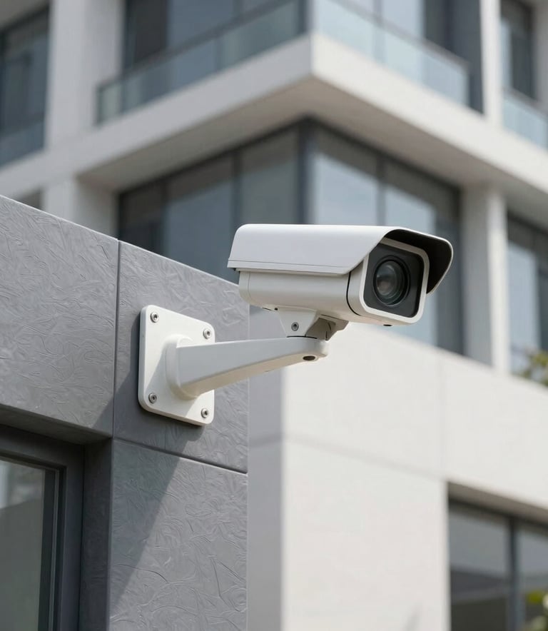 A modern security camera system installed on the exterior of a contemporary Indian architectural structure. The scene is bright and professional, using slate grey and white tones to emphasize modern safety.
