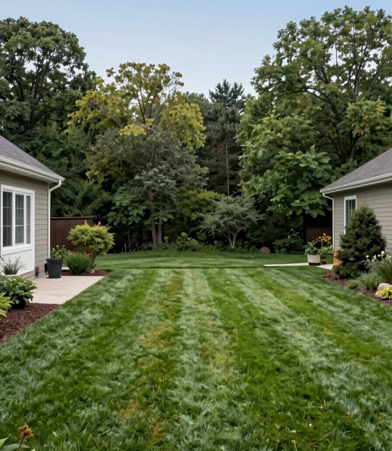 A beautifully manicured backyard in a North American / US residential neighborhood in Marquette, Michigan. The lawn is perfectly mown, and the patio is spotless. Soft sky blue sky and muted forest green foliage create a peaceful, clean atmosphere.