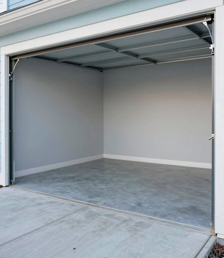 A clean, empty garage space in a North American / US home, highlighting a successful junk removal job. The floor is swept and the area is bright. Accents of light grey and soft sky blue are visible in the background structure.