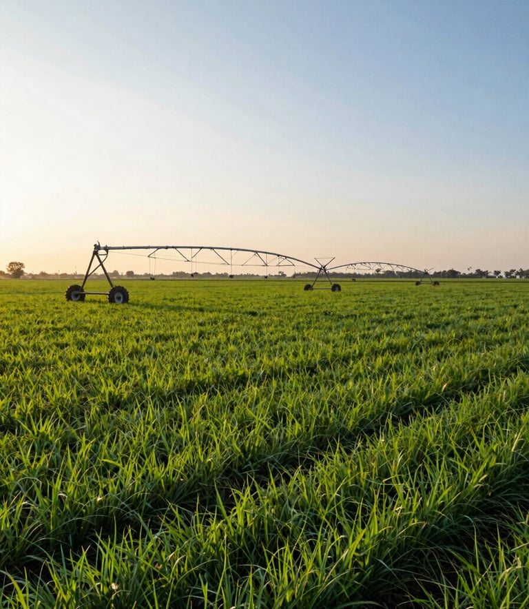 A sprawling, lush green agricultural field in the South Asian countryside during a golden hour sunset, modern irrigation equipment visible, conveying a sense of heritage and advanced farming techniques, clear sky with hints of light blue.