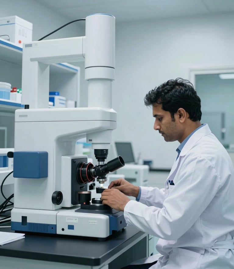 A crisp, professional photograph of a modern pathology laboratory in South Asia, featuring advanced medical equipment and a technician in a white coat working in a clean, bright space with light blue accents.