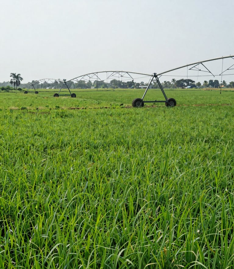 Lush green South Asian agricultural fields with a modern irrigation system under a bright sky, conveying growth, reliability, and expertise in farming.
