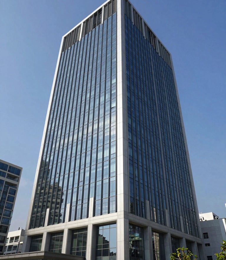 A wide-angle, professional photograph of a modern corporate office building in a South Asian urban center, bright daylight, clear blue sky, architecture featuring clean lines and dark blue glass panels.