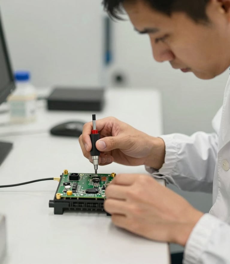 Close-up photography of a technical professional in clean corporate attire performing precision repairs on electronic components in a Sydney high-tech facility. The environment is off-white, minimalist, and clinical.