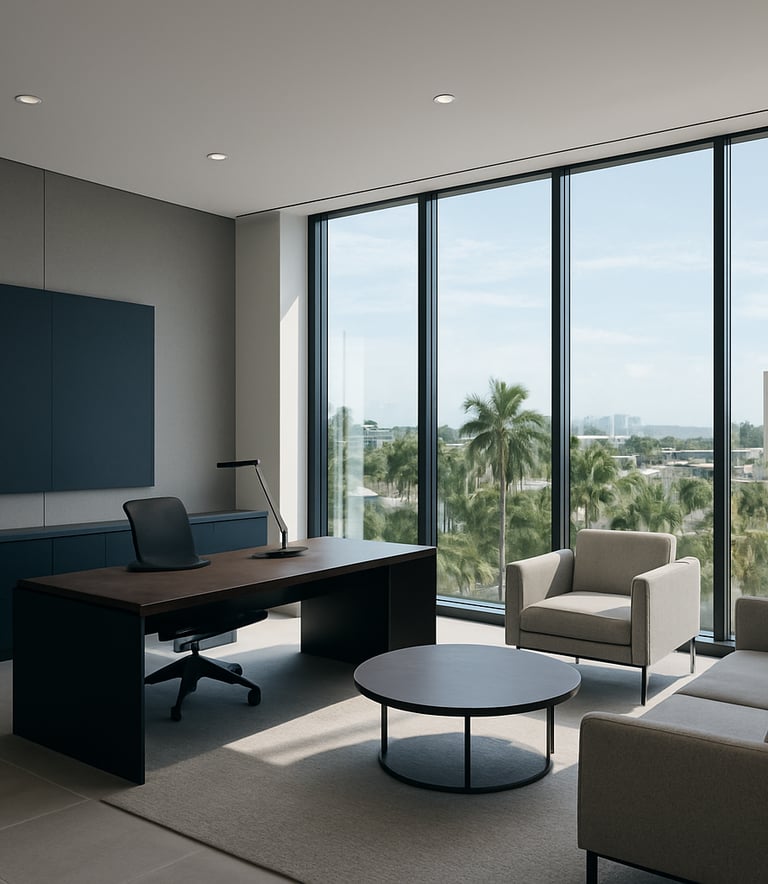 A wide-angle shot of a modern, upscale professional office interior in San Juan, Puerto Rico. Caribbean sunlight streams through floor-to-ceiling windows, illuminating a clean, minimalist design with dark blue and pale gray accents. The atmosphere is sophisticated and quiet, embodying enterprise-level professionalism.