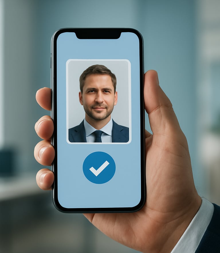 A close-up photograph of a smartphone held by a professional hand, displaying a secure digital ID with a verified badge. The background is a sophisticated corporate office in Light Blue and Off-White. Global / Corporate.