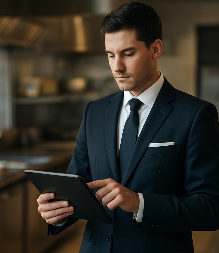 A medium shot of a professional worker in clean, high-end hospitality attire using a digital tablet to check in. The background is a blurred, modern kitchen or service area. Global / Corporate.