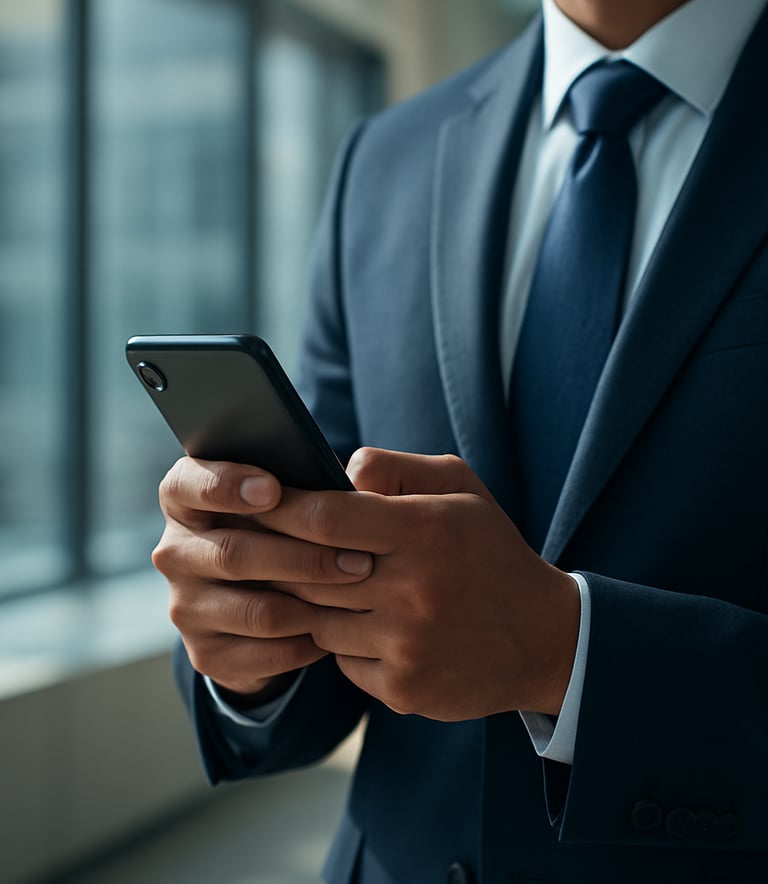 A close-up of a professional in a corporate suit using a sleek smartphone in a high-end, sunlit modern office. The atmosphere is secure and professional, reflecting authority and reliability. Global / Corporate setting with colors in dark navy blue and light blue.