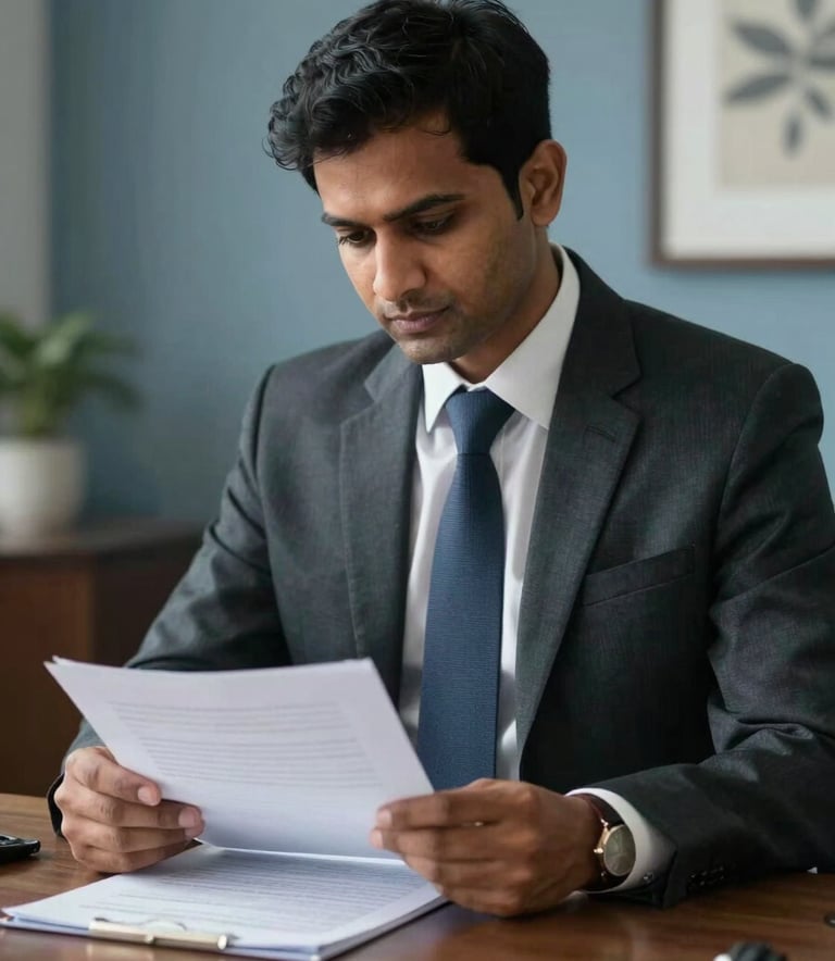 A focused South Asian professional in formal attire reviewing legal and financial documents in a sophisticated office setting with muted blue accents and soft natural lighting.