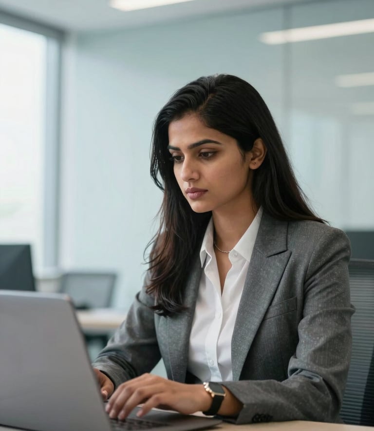 A professional South Asian woman in formal business attire working diligently on a laptop in a bright, modern Gurugram office space with pale blue decor.