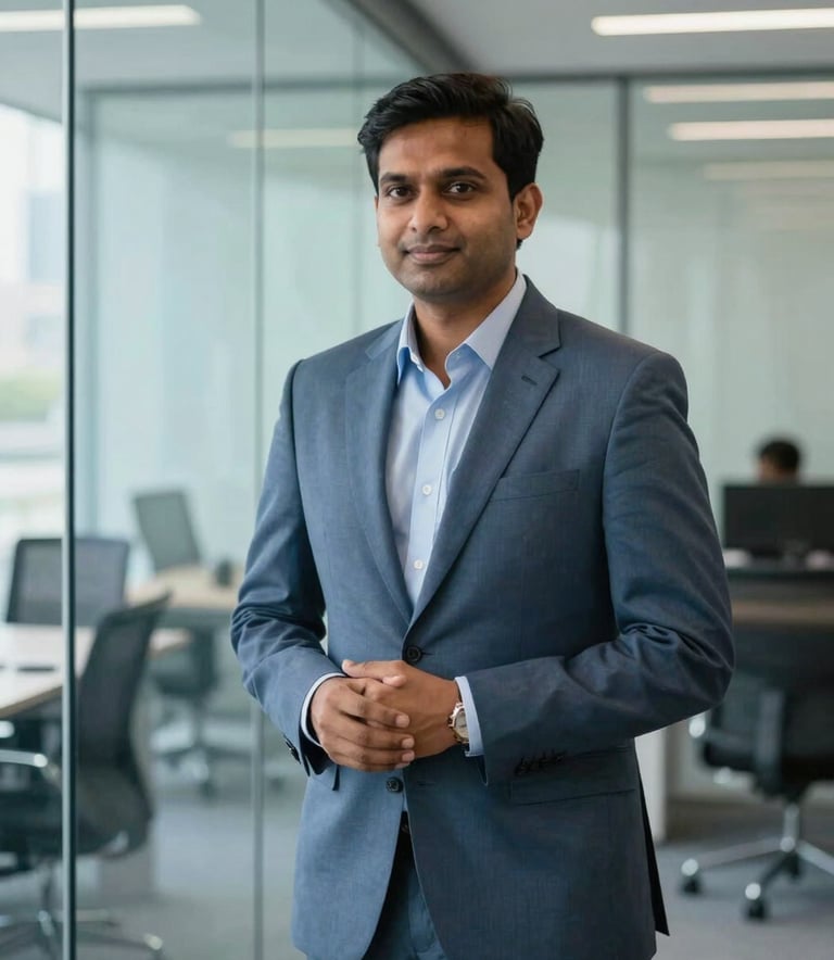A professional South Asian / Indian business consultant in a modern Bangalore office setting. The scene features clean lines, glass walls, and a palette of slate blue and pale ice blue, reflecting expertise and reliability.