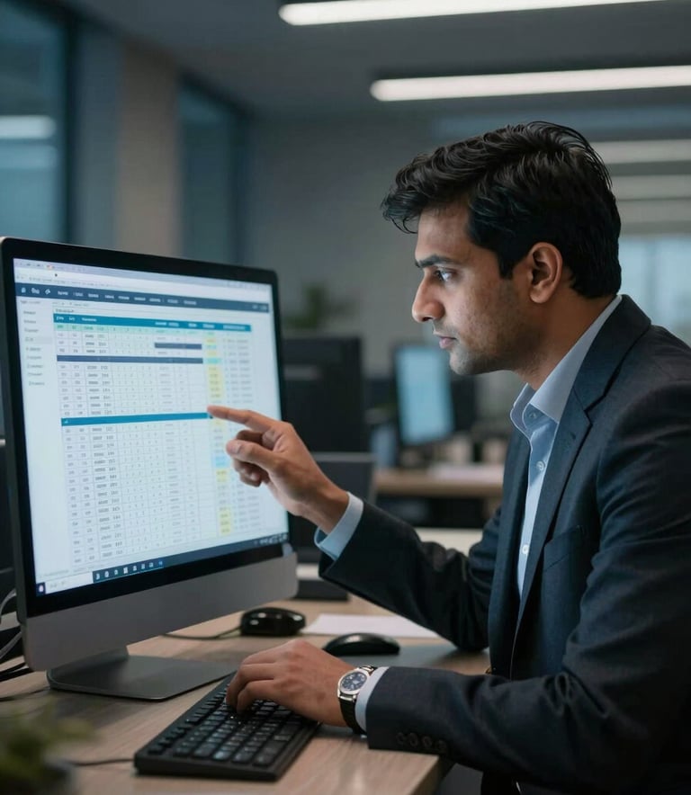 A high-end corporate office in Gurugram where a South Asian / Indian professional is reviewing digital tax records. Sophisticated lighting with dark charcoal and soft blue accents, emphasizing a tech-driven consulting environment.