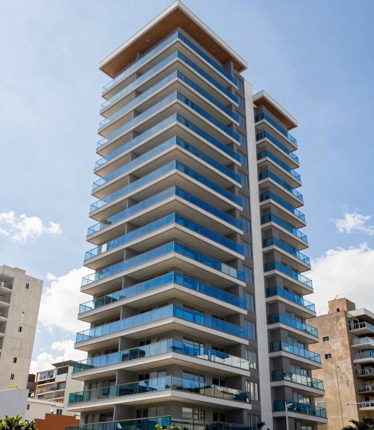 A wide-angle professional photograph of a modern residential building in a luxury South American / Brazilian neighborhood, bright daylight, highlighting clean architectural lines and vibrant indigo glass balconies.