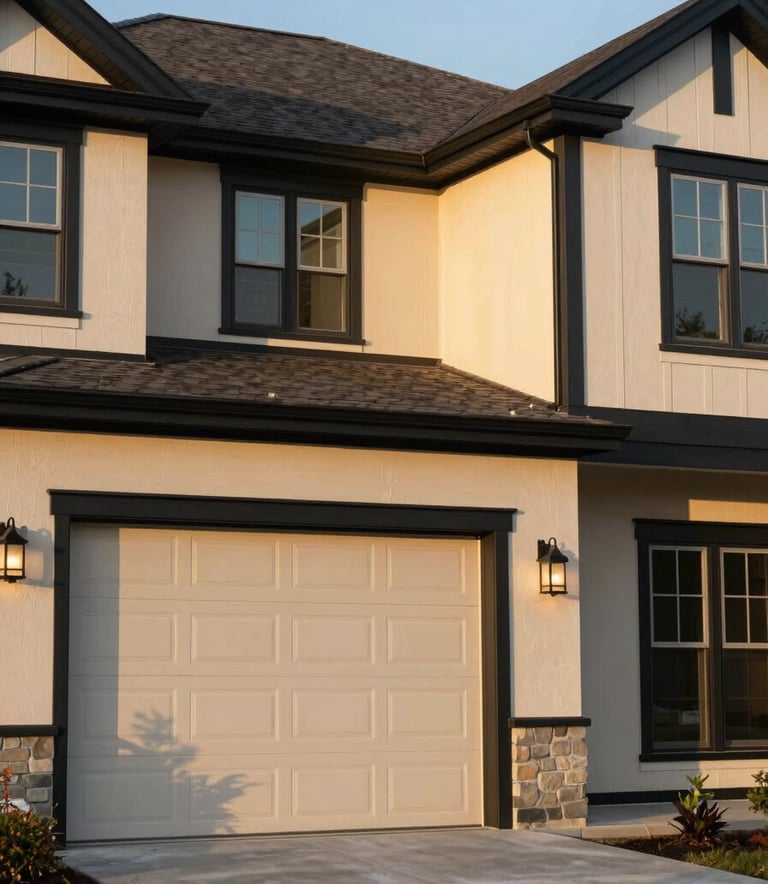 A wide-angle professional photograph of a beautifully finished residential exterior of a North American home, featuring fresh paint in sophisticated beige and bold black trim. The lighting is the golden hour, showcasing the flawless texture and premium quality of the paint job.