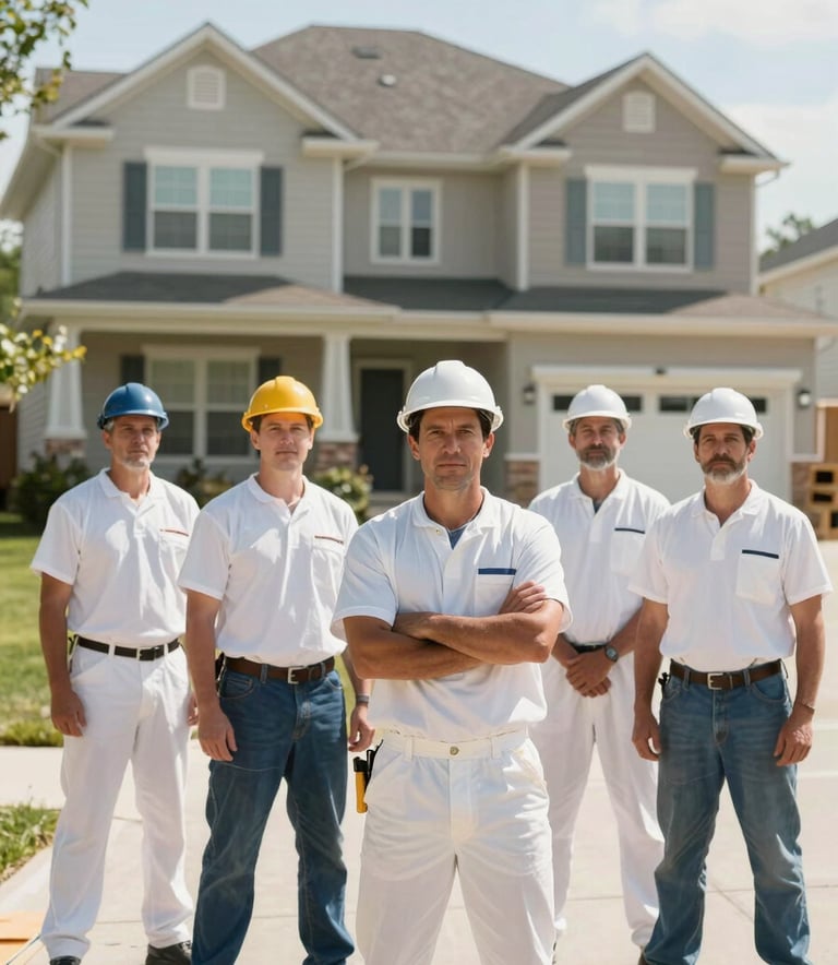 A group of professional painters wearing clean uniforms, standing confidently in front of a recently completed exterior project in a North American / US suburban neighborhood. They look professional and trustworthy. Bright afternoon sun.
