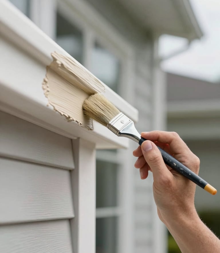 A close-up photograph of a professional painter's hand using a high-quality brush to apply a smooth layer of beige paint to the trim of a modern North American / US home. The focus is sharp on the brush stroke, emphasizing precision. Natural daylight, clean and professional atmosphere.