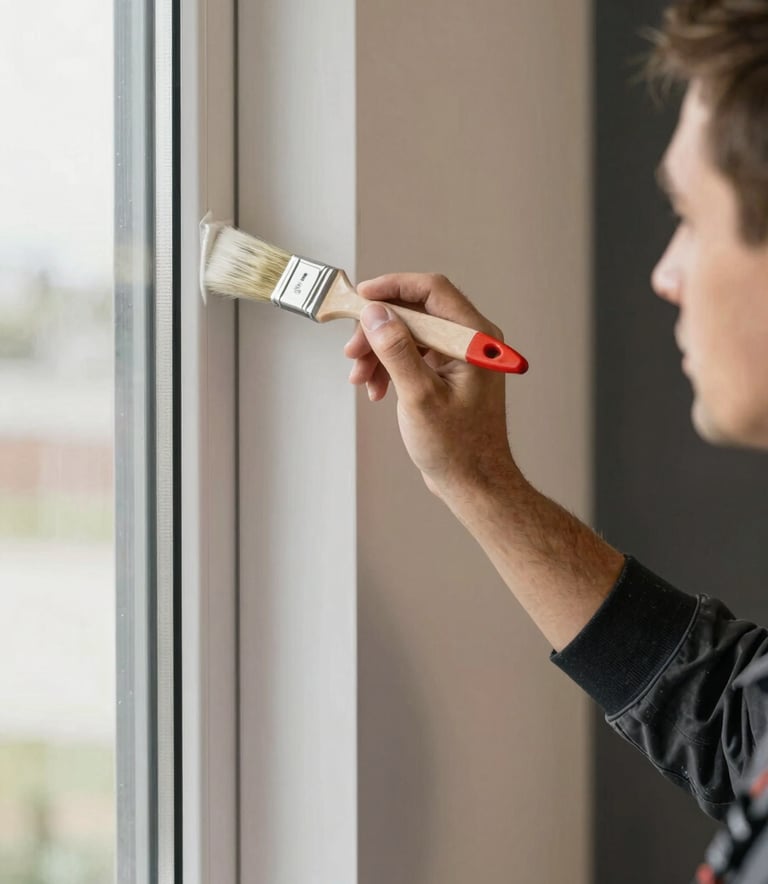 A close-up photograph of a professional painting contractor meticulously painting a window frame with a small brush in a modern North American residential interior. The lighting is bright and clean, highlighting the sharp lines and precision of the work. The color palette features light beige walls and dark black accents.