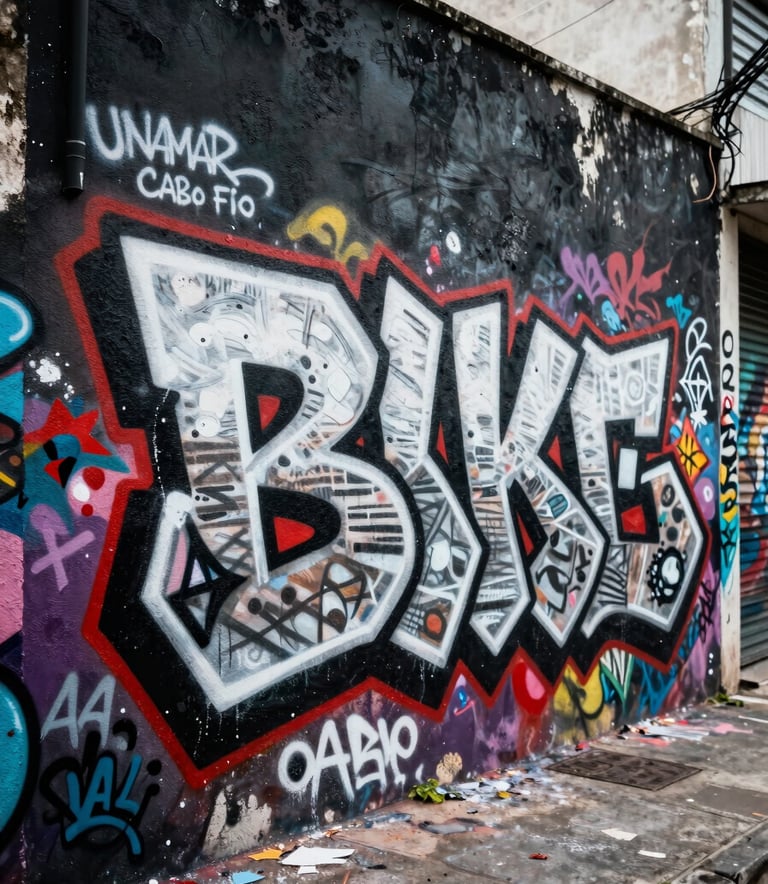 Dynamic street photography in Unamar, Cabo Frio, Brazil, showing a colorful graffiti wall with black, white, and red spray paint. High-contrast urban lighting, professional composition.