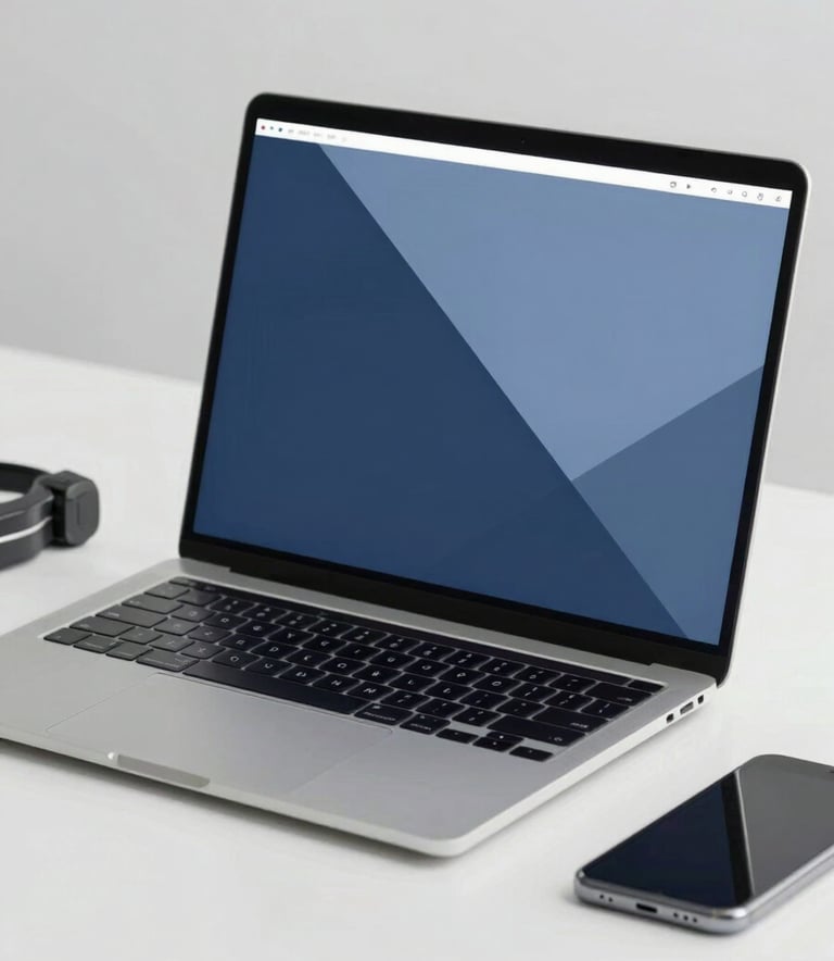 A sleek, modern laptop open on a clean white desk with a professional technician's tools nearby. The composition is minimalist and efficient, featuring brand colors #0B1A2C and #6FA1BF.